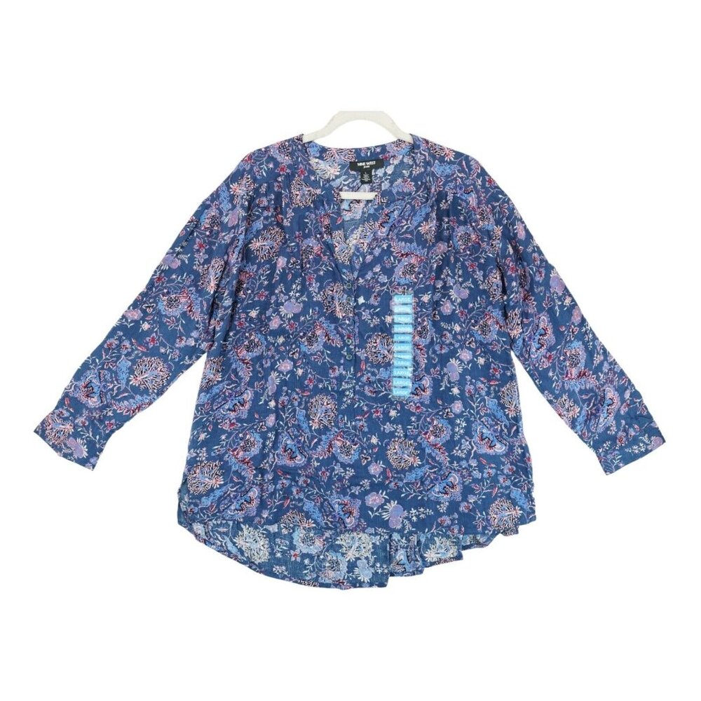 NWOT Nine West Top Large Purple Floral Long‎ Sleeve V Neck Peasant Blouse